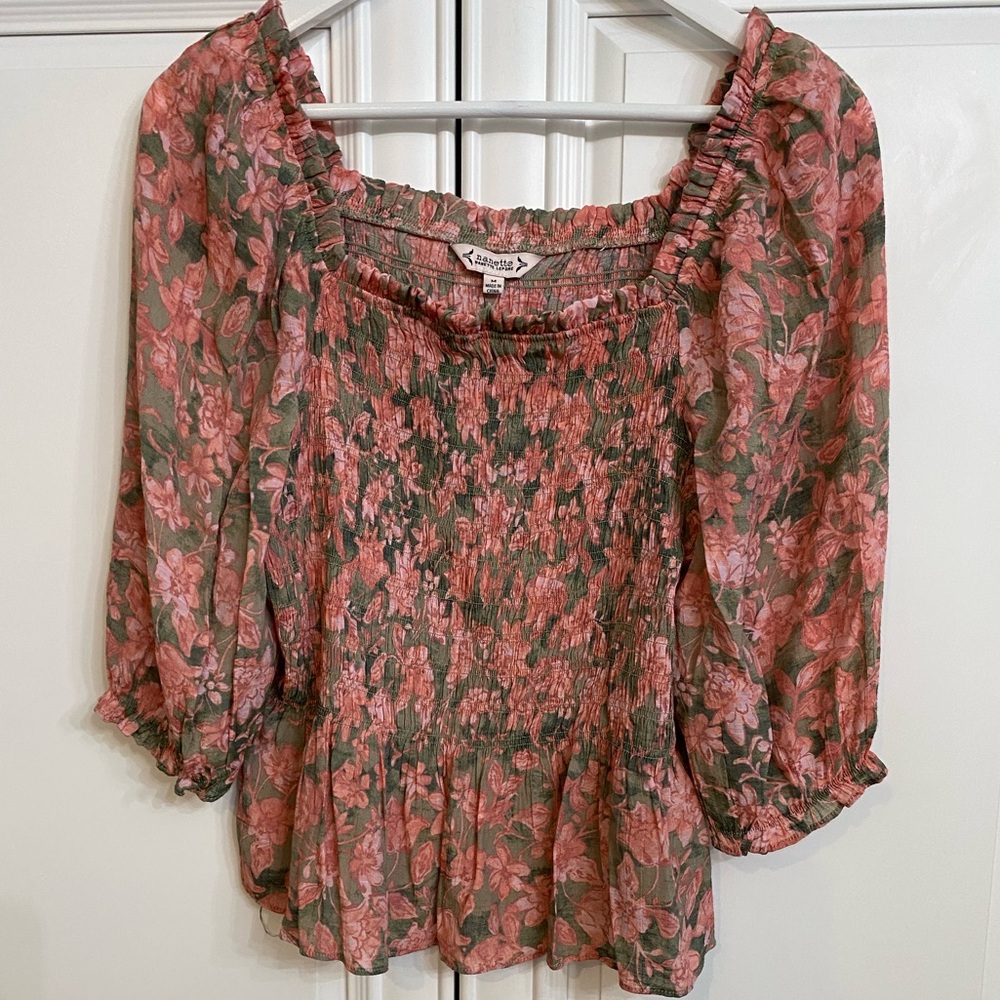 Nanette Lepore Size Medium 3/4 Sleeves Smocked Blouse Peplum Pink Green Floral